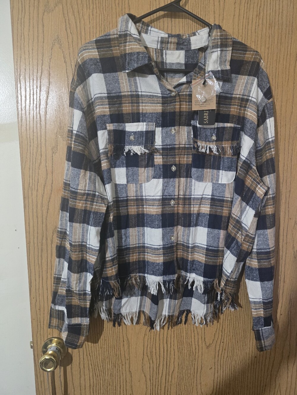 Frayed Hem Plaid Button-Up Flannel - Navy, White & Tan